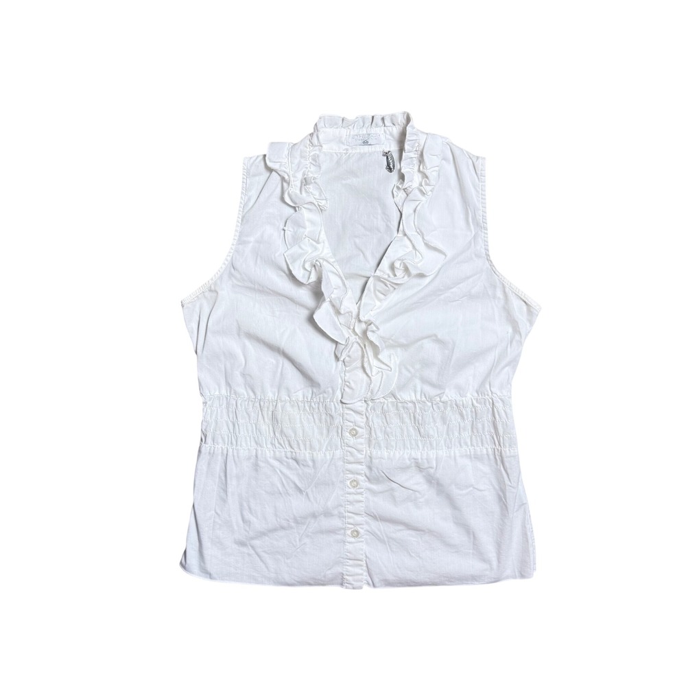 Stretch White Ruffle V-Neck Sleeveless Smocked Waist Button Down Top